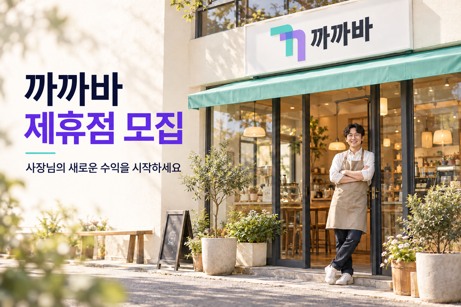 까까바 제휴점 모집 광고: 까까바 간판이 있는 카페와 사장님을 표현한 실사풍 이미지
